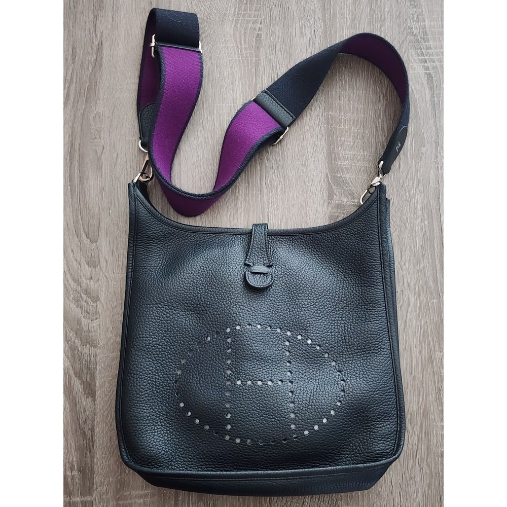 Hermes Evelyne III 29 PM Black Clemence Leather Crossbody Bag Purple Strap